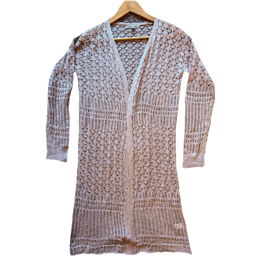 Moral Fiber Women's Open Knit Cardigan Medium Pink Boho Lightweight Long...